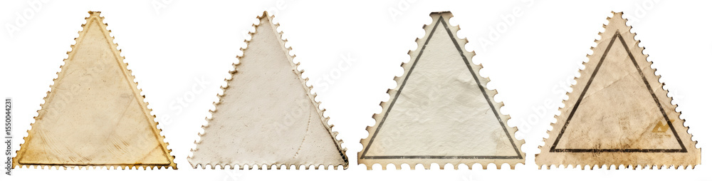 Obraz premium PNG Four vintage triangular stamps with textured surfaces element set on transparent background.