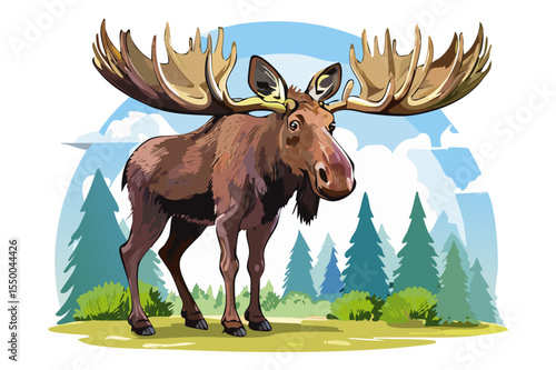 Depiction of moose with bold antlers, Moose buck or elk full body vector illustration, Bull moose alces standing (Alces alces)