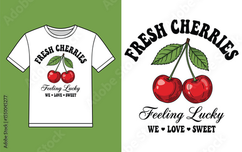 Fresh cherries feeling lucky t shirt design vector illustration