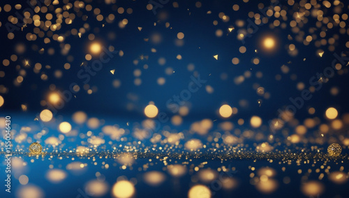 Shiny water drops on glass with soft blue holiday lights in the background