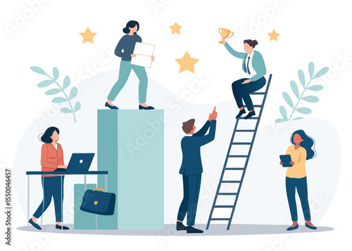 Modern flat illustration of people giving or attending interviews, working on resumes, career ladders, or celebrating job success — formal but friendly look.
