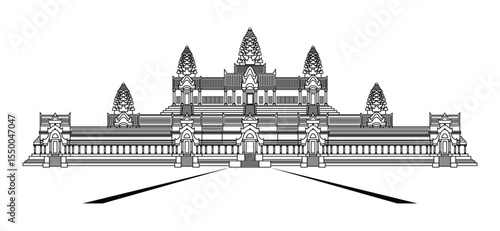 Illustration vector front entrance view of Angkor Wat temple complex drawing in black and white