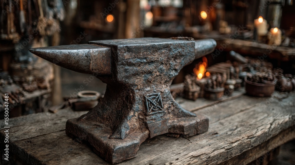 custom made wallpaper toronto digitalA weathered anvil sits prominently on a wooden table in a blacksmith workshop, surrounded by various tools and flickering candlelight, creating a warm and inviting atmosphere.