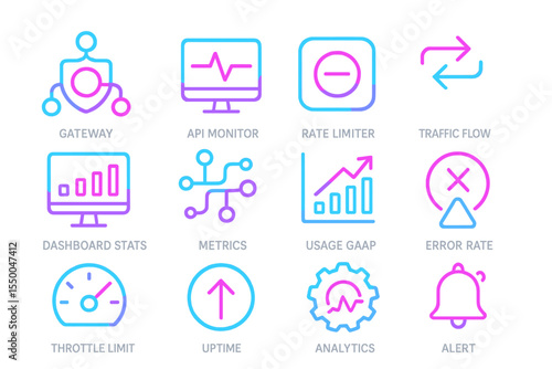 Neon tech icons displaying metrics and analytics in blue and pink glow