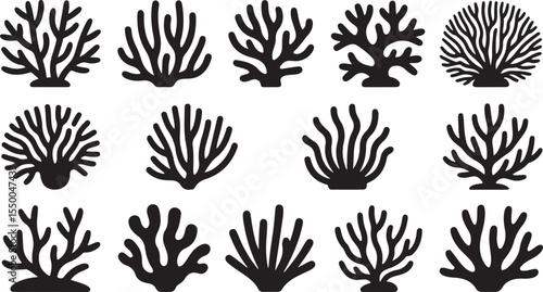 This image features fifteen distinct coral and sea plant formations in silhouette, showcasing a wide variety of branching and organic shapes.