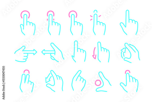 Neon hand gestures icons: touch, swipe, click, tap, zoom, drag, scroll