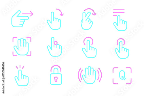 Neon gesture and touch icons: swipe, tap, lock, and more in blue and pink