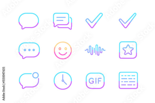 Neon icon set featuring emojis, chat bubbles, and check marks on black background