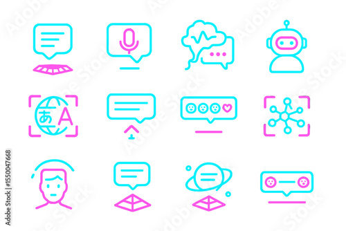 Neon ai icons: chatbot, translation, voice, analytics, neural network