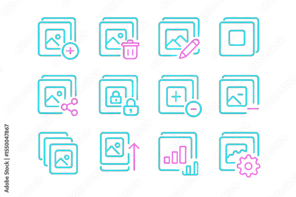 Neon icons for image management: editing, sharing, security, analytics Neon icons for image management: editing, sharing, security, analytics