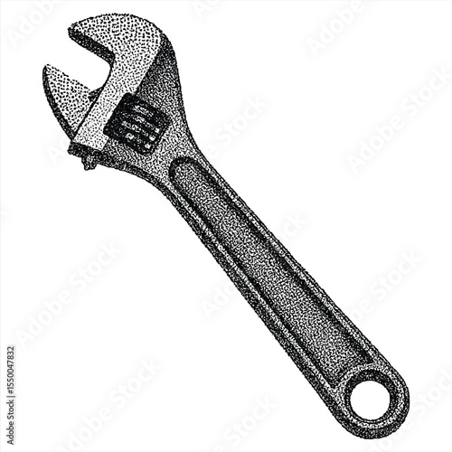 Monochrome Wrench: An adjustable wrench captured in high-contrast monochrome, perfect for illustrating concepts of repair, construction, or industrial maintenance.