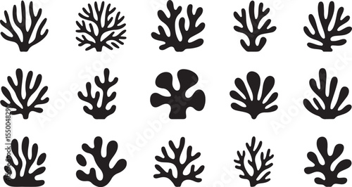 This image features fifteen distinct coral and sea plant formations in silhouette, showcasing a wide variety of branching and organic shapes.