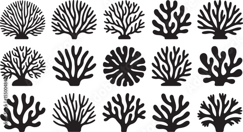 This image features fifteen distinct coral and sea plant formations in silhouette, showcasing a wide variety of branching and organic shapes.