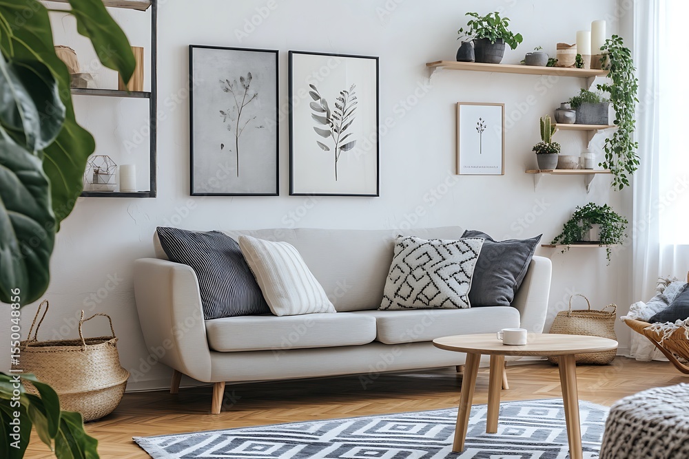 Obraz premium Interior of modern living room with grey sofa, plants and posters