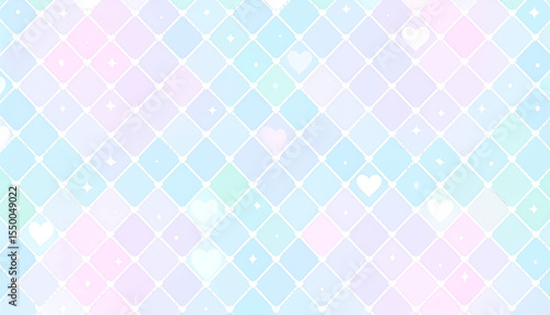Pastel diamond grid with scattered hearts and sparkles; soft, dreamy aesthetic