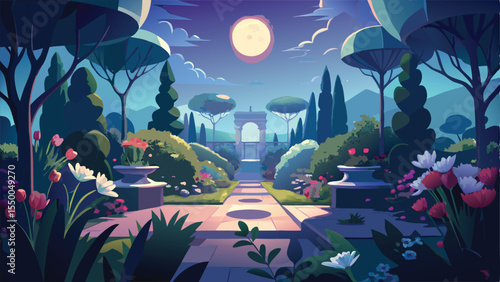 Fairytale castle in a dark forest at night under a star-filled sky, with the moon casting an eerie light on the trees, an enchanting illustration