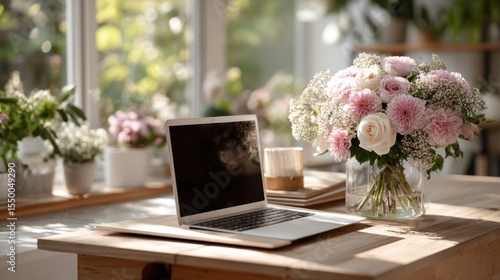 A modern workspace features a sleek laptop on a wooden desk next to a vibrant bouquet of flowers. Soft light filters through windows, enhancing the tranquil atmosphere filled with greenery.