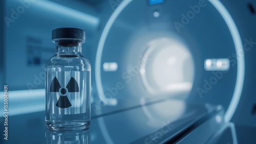 Medical vial with radioactive symbol in a modern diagnostic imaging room
