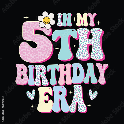 Celebrate a childs fifth birthday with this fun retro design featuring pastel colors and a playful floral touch. Perfect for party invites or apparel