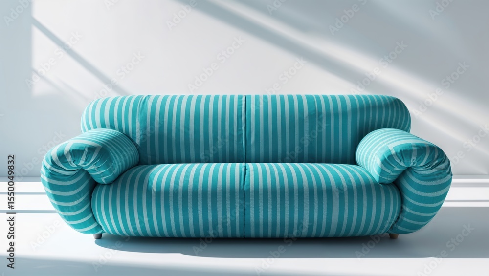 Modern turquoise striped sofa in a bright minimalist interior with sunlight and shadows Modern turquoise striped sofa in a bright minimalist interior with sunlight and shadows
