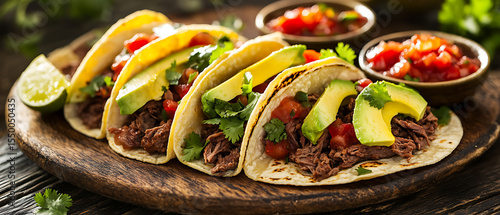 Fototapeta Naklejka Na Ścianę i Meble -  Fresh Tacos with Avocado and Salsa on a Wooden Plate