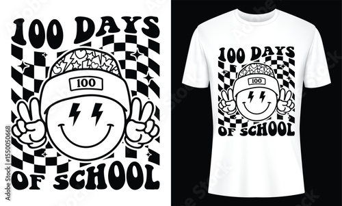 Celebrate 100 Days of School with this fun retro t-shirt design featuring a groovy smiley face and checkered pattern.