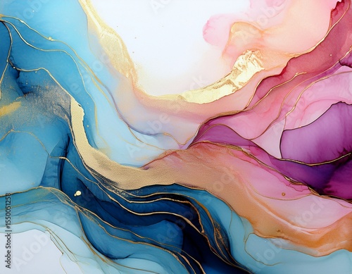 abstract blue pink golden alcohol ink hand drawn texture