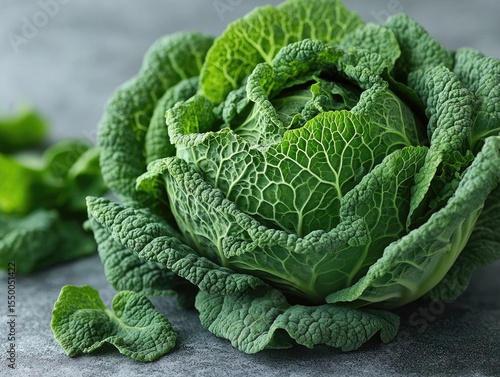 Green savoy cabbage head with curly leaves on gray surface, close up. It is perfect for blogs about healthy eating, recipes or agriculture.