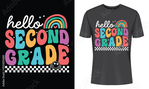 Cute Hello Second Grade T-shirt Design Rainbow Back to School Kids Apparel