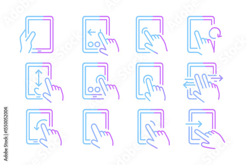 Neon icons of touch gestures on digital screens in vibrant blue and pink glow