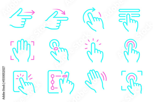 Neon gesture icons - touchscreen hand movements in blue and pink