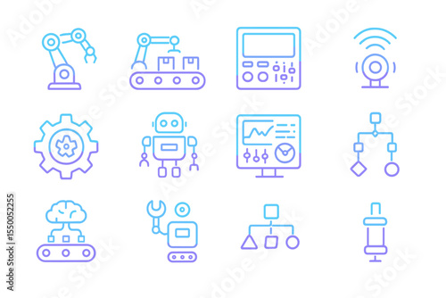 Neon futuristic technology icons featuring ai robotics and automation symbols