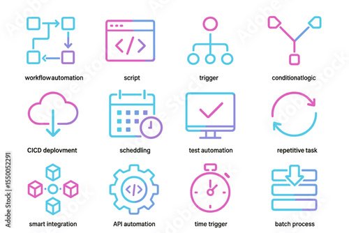 Neon icons illustrating automation and workflow concepts on dark background