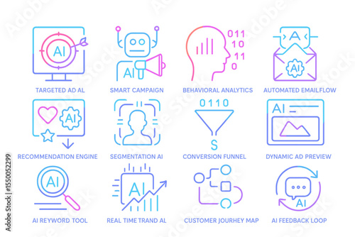 Neon icons illustrating ai marketing concepts and strategies