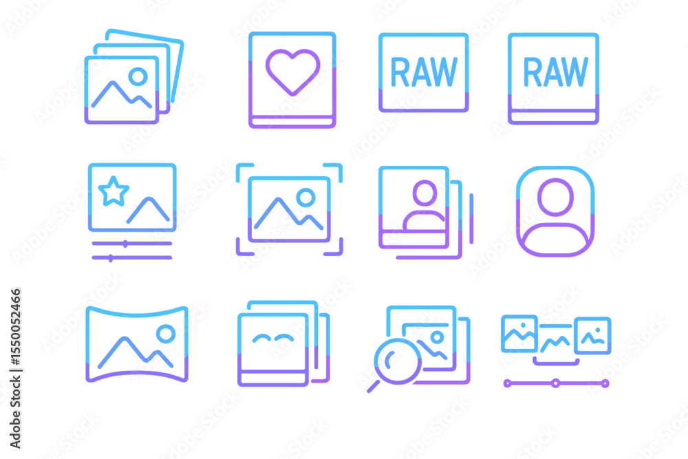 Neon icons of photo editing tools and features on gradient background Neon icons of photo editing tools and features on gradient background