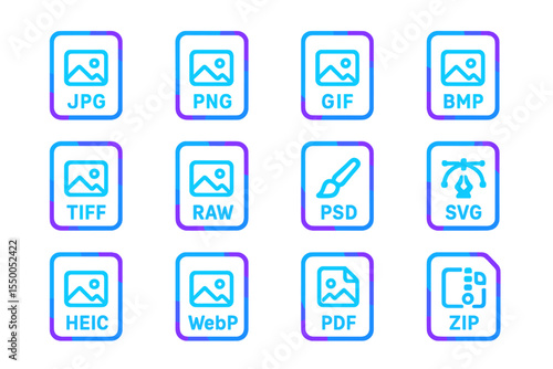Glowing icons of common image and file formats on dark background