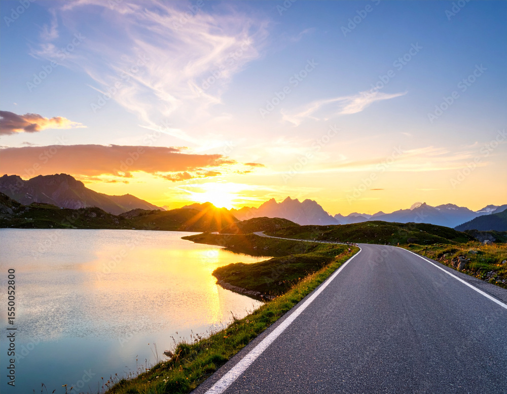 Fototapeta premium Lake and road at sunset