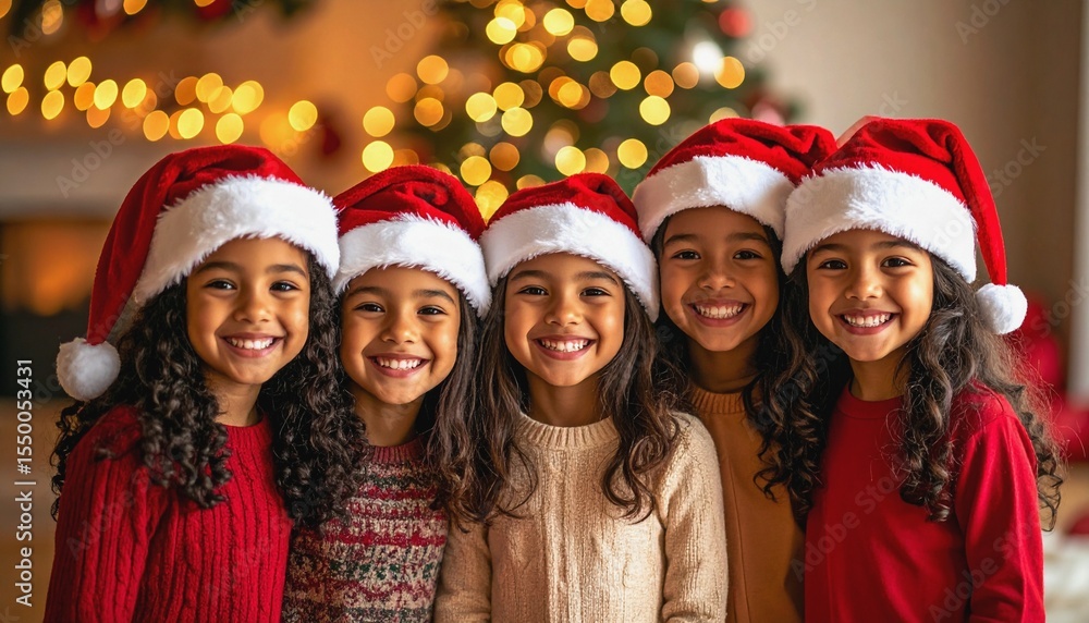 Five joyful children in Santa hats smiling brightly in front of a decorated Christmas tree. Five joyful children in Santa hats smiling brightly in front of a decorated Christmas tree.
