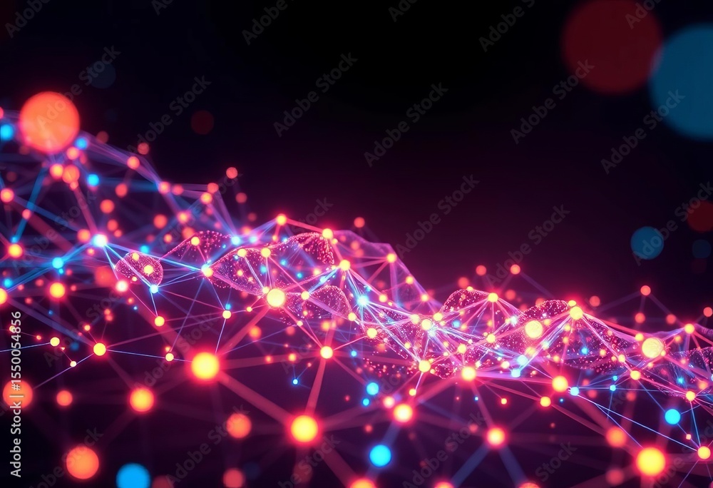 Abstract glowing network nodes and lines forming a large data cloud, data, computing Abstract glowing network nodes and lines forming a large data cloud, data, computing