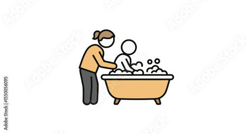 A mother and child during bath time. 
