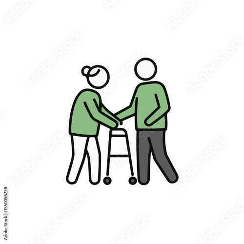 An elder with walker and assistance with line drawing art