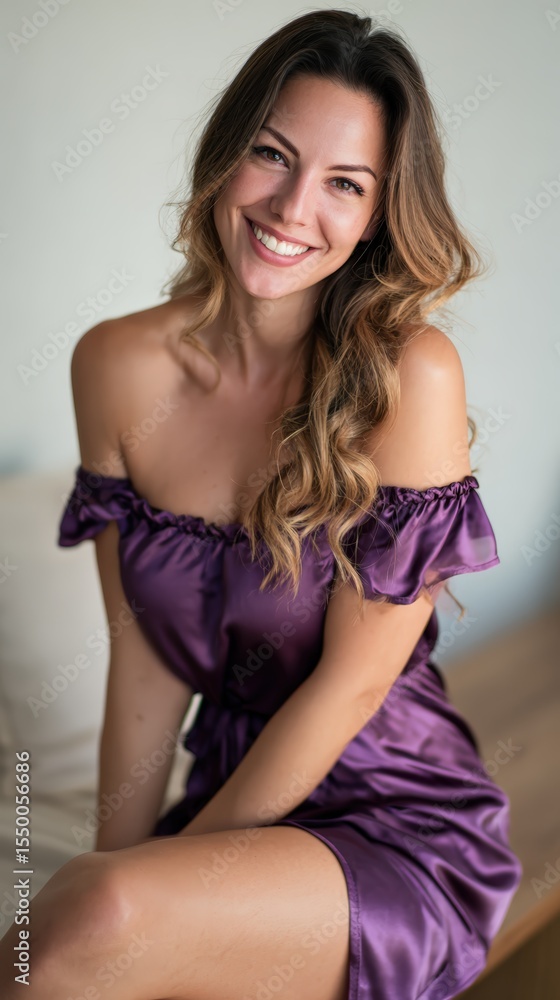 Smiling Woman in Purple Satin Dress Sitting on Couch Smiling Woman in Purple Satin Dress Sitting on Couch