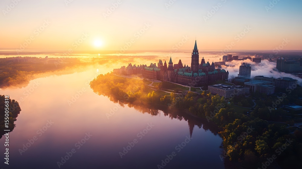 Naklejka premium High-resolution aerial image of Ottawa in early evening with golden light