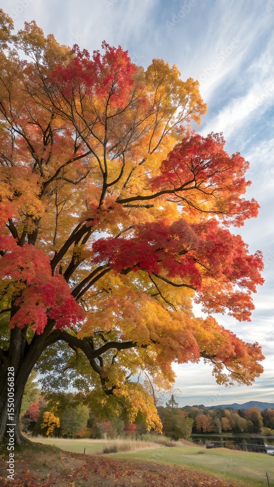 Naklejka premium Vibrant maple tree displays stunning red and yellow autumn foliage