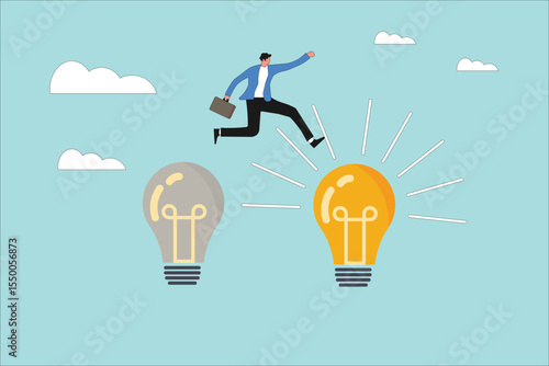 A businessman leaps from a dim light bulb to a bright, glowing one, symbolizing the transition from old ideas to new innovation, problem-solving, and creative solutions.