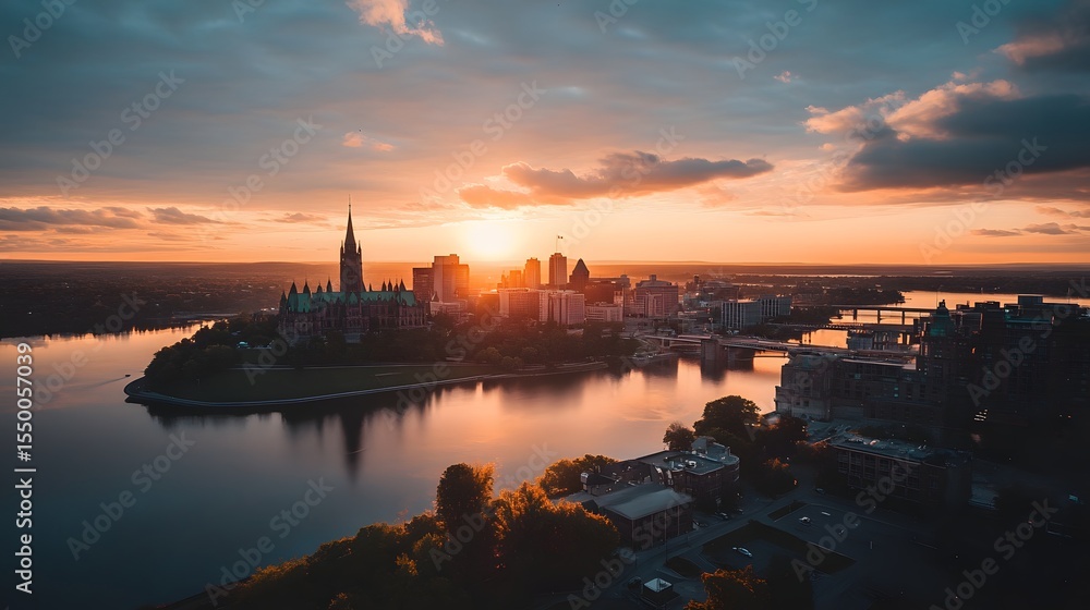 Naklejka premium Aerial cityscape of Ottawa at sunset with warm tones reflecting off buildings