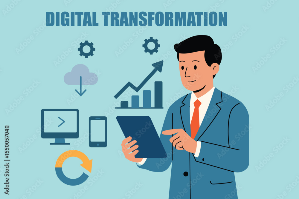 A confident businessman uses a tablet, surrounded by icons symbolizing digital transformation elements cloud, mobile, data analytics, and continuous improvement for business success. A confident businessman uses a tablet, surrounded by icons symbolizing digital transformation elements cloud, mobile, data analytics, and continuous improvement for business success.