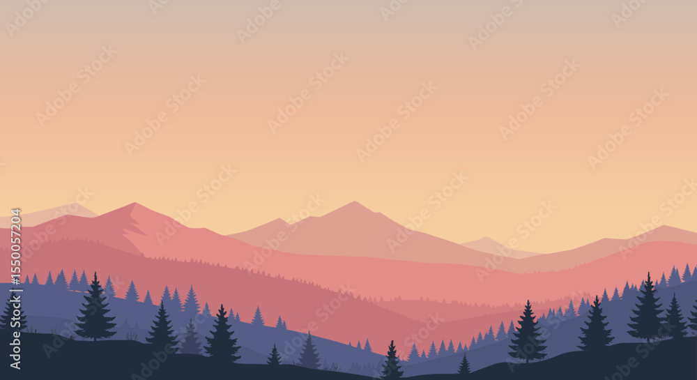Fototapeta premium Vector illustration of tranquil mountain landscape with pine forest at dawn in soft colors