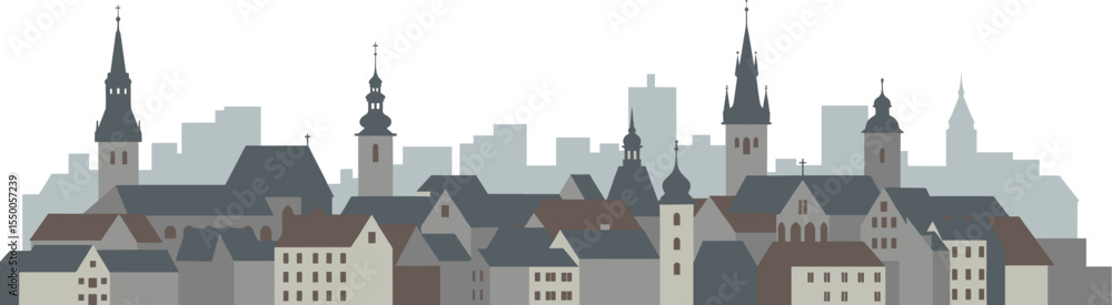 Fototapeta premium Vector illustration of historic city skyline with churches and towers on transparent background