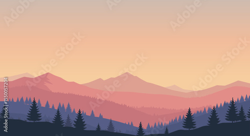 Vector illustration of tranquil mountain landscape with pine forest at dawn in soft colors